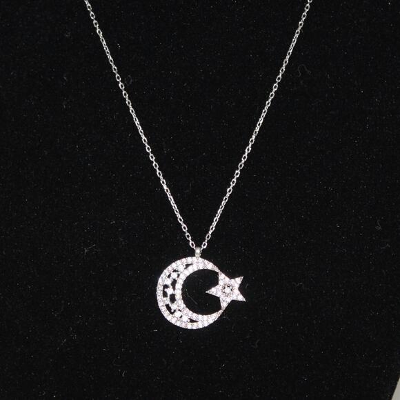 Brilliant Crystal 925 Sterling Silver Moon & Star Necklace Turkish Flag - Picture 5 of 11